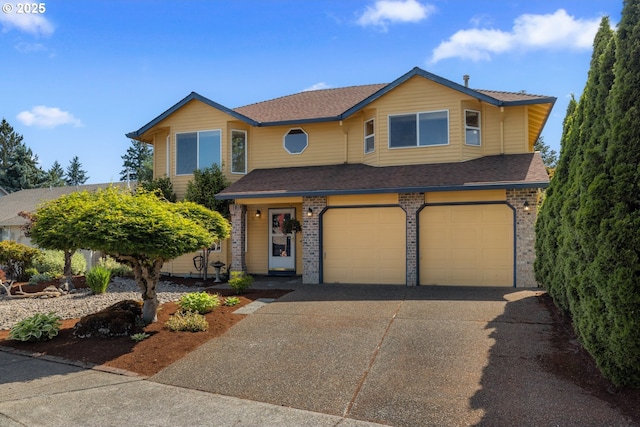 8156 SW 159th Pl, Beaverton, OR 97007 - view of front facade with an attached garage, driveway, brick siding, and a shingled roof