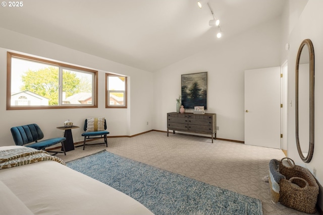 8156 SW 159th Pl, Beaverton, OR 97007 - carpeted bedroom with lofted ceiling, rail lighting, and baseboards