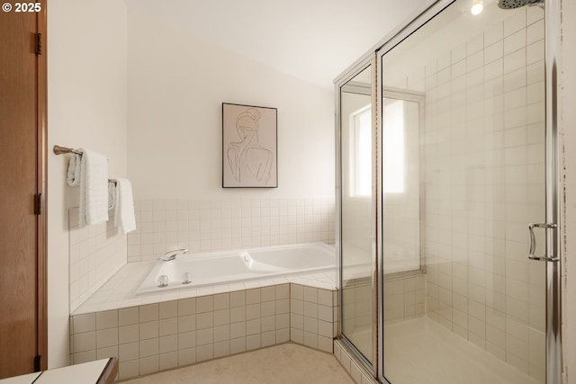 8156 SW 159th Pl, Beaverton, OR 97007 - bathroom featuring a shower stall, a bath, and tile patterned flooring