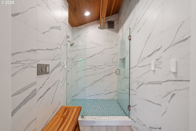 1115 Lake Front Rd, Lake Oswego, OR 97034 - full bath with a marble finish shower, wood ceiling, and recessed lighting