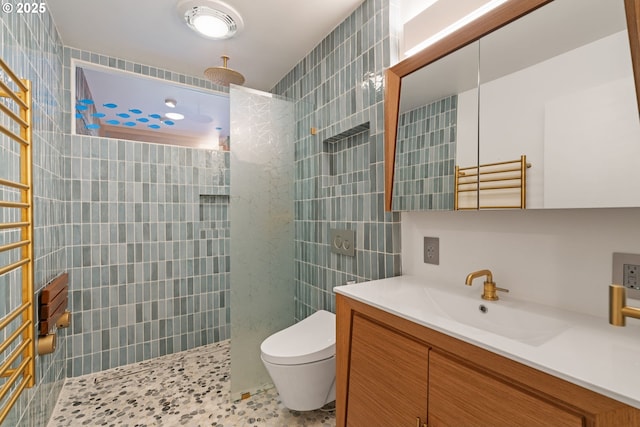1115 Lake Front Rd, Lake Oswego, OR 97034 - full bathroom featuring tile walls, a walk in shower, and vanity