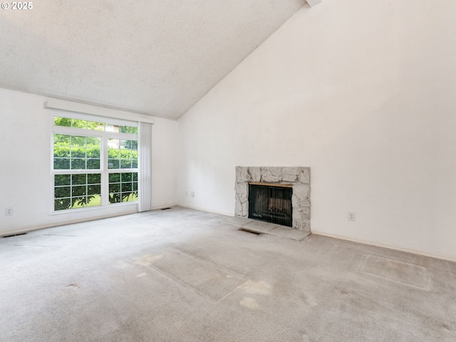 20621 SW Martinazzi Ave, Tualatin, OR 97062 - unfurnished living room featuring carpet, high vaulted ceiling, a high end fireplace, and baseboards
