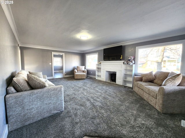 carpeted living room featuring crown molding, a brick fireplace, and a textured ceiling