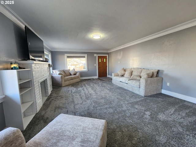 unfurnished living room with crown molding, a fireplace, and dark carpet