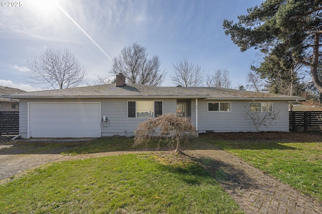 single story home with a front yard, fence, driveway, an attached garage, and a chimney