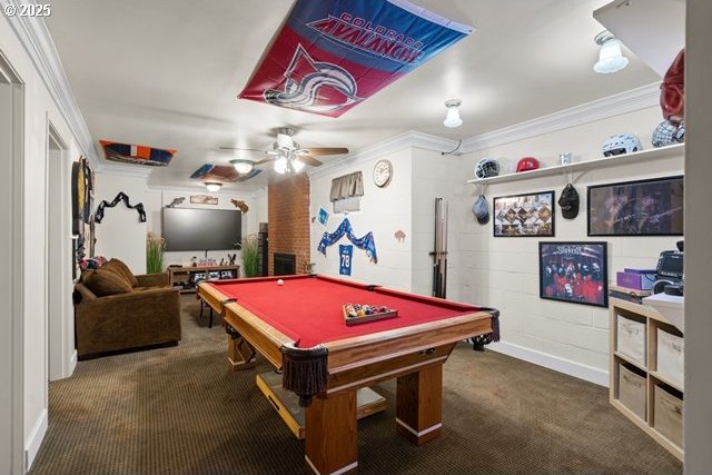 rec room with pool table, carpet floors, ornamental molding, and ceiling fan