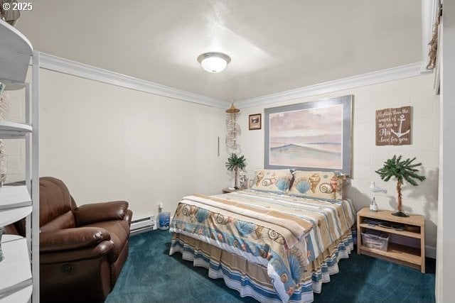 bedroom featuring a baseboard heating unit, carpet floors, and ornamental molding