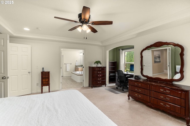 1116 Parkside Ave, Forest Grove, OR 97116 - bedroom with a tray ceiling, a desk, crown molding, arched walkways, and light carpet