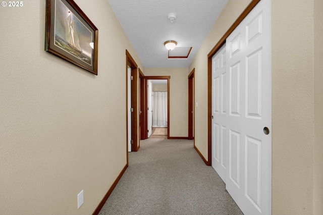 corridor with baseboards and carpet