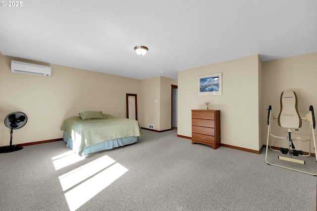 bedroom with carpet floors, baseboards, a wall mounted AC, and visible vents