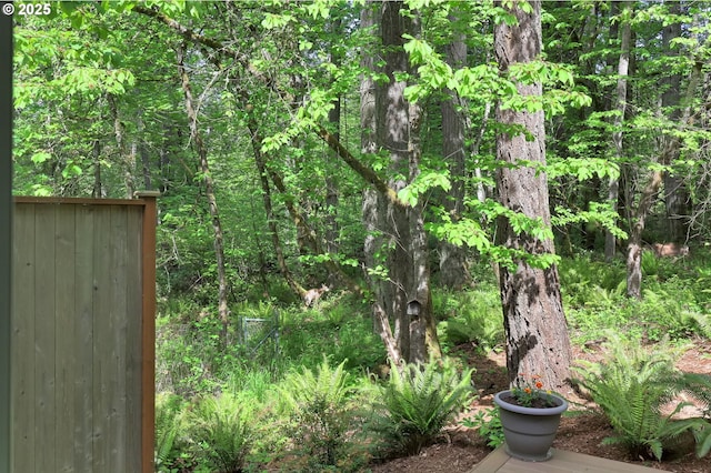 exterior space with a wooded view