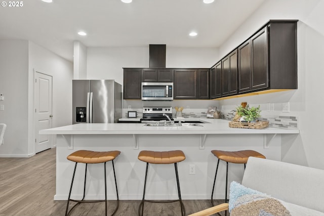 kitchen featuring light wood-type flooring, appliances with stainless steel finishes, light countertops, and a sink