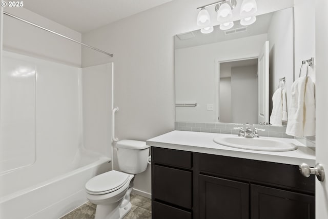 full bathroom with tasteful backsplash, visible vents, toilet,  shower combination, and vanity