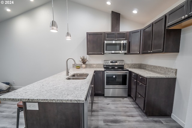 kitchen featuring sink, hanging light fixtures, kitchen peninsula, stainless steel appliances, and dark brown cabinets