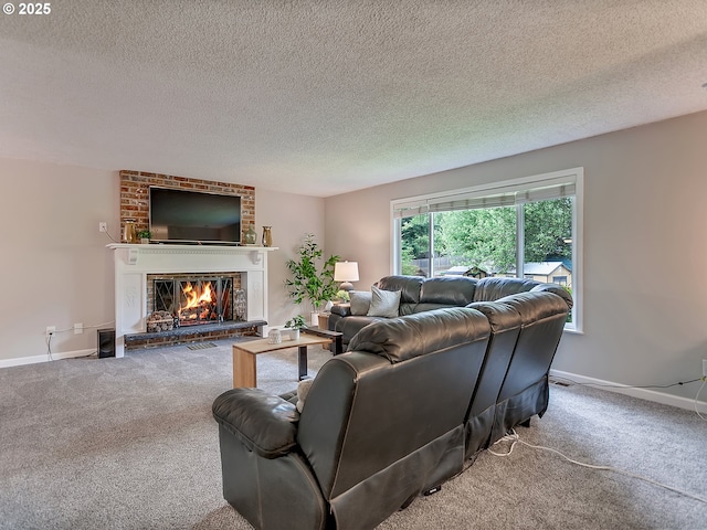 8320 SW Chelan St, Tualatin, OR 97062 - carpeted living room featuring a textured ceiling, a brick fireplace, and baseboards