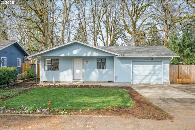 single story home with driveway, a front yard, a garage, and fence