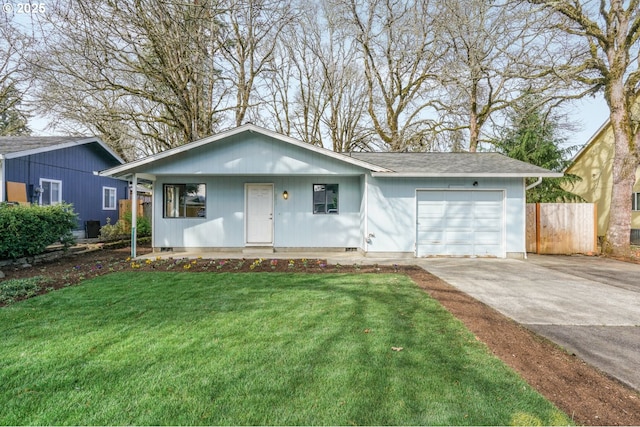 single story home featuring a garage, a front lawn, fence, concrete driveway, and crawl space