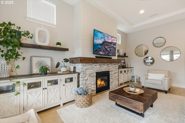 12505 NE 102nd Way, Vancouver, WA 98682 - living room featuring wood finished floors, a stone fireplace, and recessed lighting