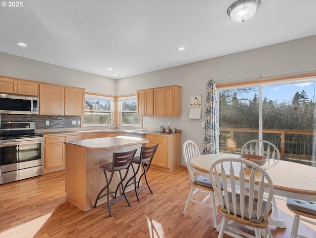 kitchen with a kitchen island, light wood-type flooring, tasteful backsplash, and appliances with stainless steel finishes