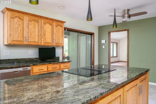 2011 SW 29th Dr, Gresham, OR 97080 - kitchen featuring black electric stovetop, ceiling fan, dark stone counters, and dishwasher