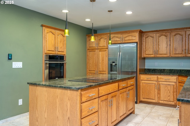 2011 SW 29th Dr, Gresham, OR 97080 - kitchen featuring stainless steel appliances, dark stone countertops, a center island, hanging light fixtures, and recessed lighting