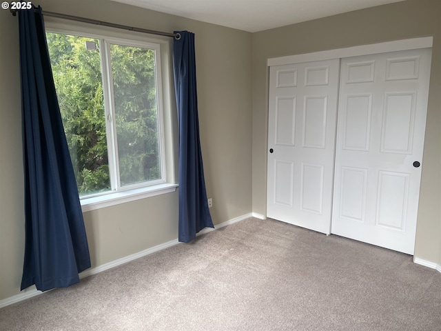 unfurnished bedroom featuring multiple windows, carpet flooring, and a closet