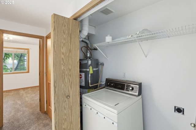 laundry area with gas water heater, laundry area, washer / clothes dryer, visible vents, and light carpet