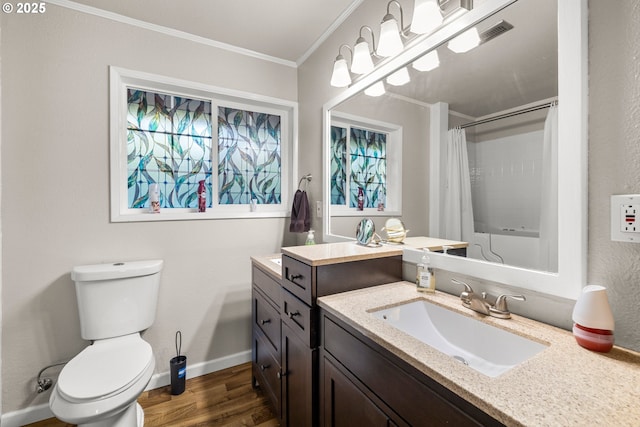 35000 SE Bell Maple Dr, Boring, OR 97009 - bathroom with toilet, baseboards, curtained shower, wood finished floors, and ornamental molding