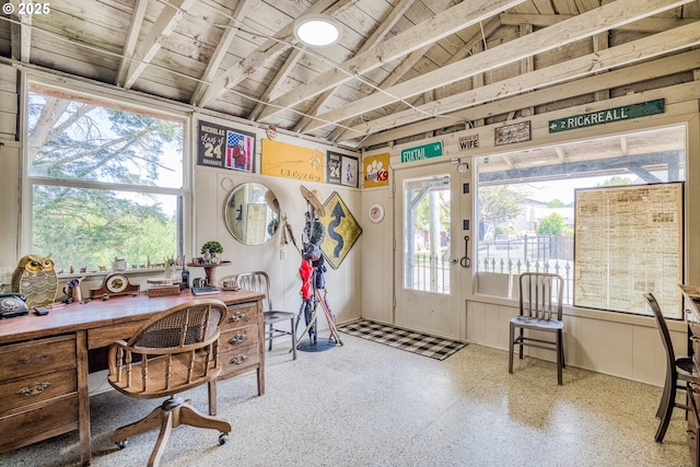 203 N Birch St, Coquille, OR 97423 - office space featuring wooden ceiling, speckle patterned floor, and plenty of natural light