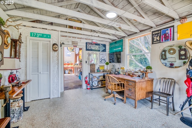 203 N Birch St, Coquille, OR 97423 - office space featuring wood ceiling and speckle patterned floor
