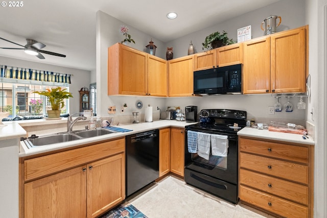 17019 SW Glen Park Ct, Beaverton, OR 97003 - kitchen featuring black appliances, a sink, a ceiling fan, light countertops, and recessed lighting