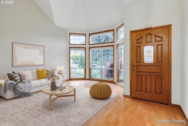 living room featuring wood finished floors and a towering ceiling