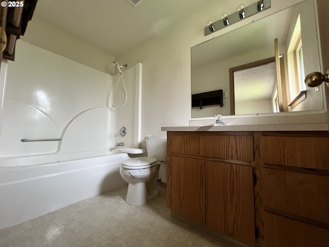 full bath featuring toilet, shower / tub combination, and vanity