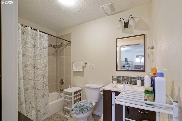 bathroom with toilet, shower / bathtub combination with curtain, a textured ceiling, and vanity