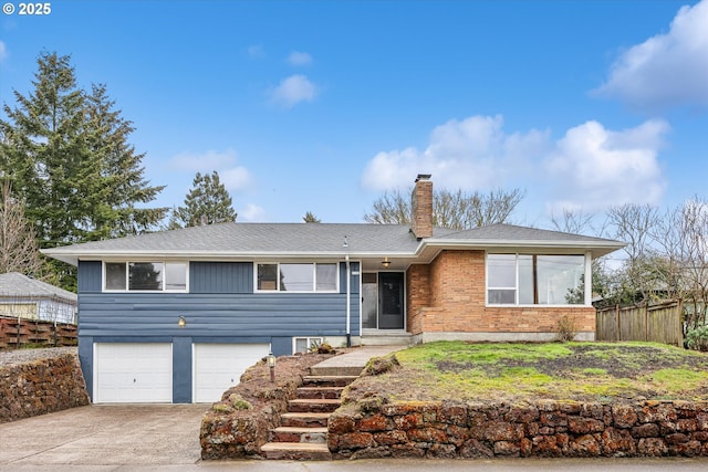 single story home with a chimney, stairway, fence, a garage, and driveway