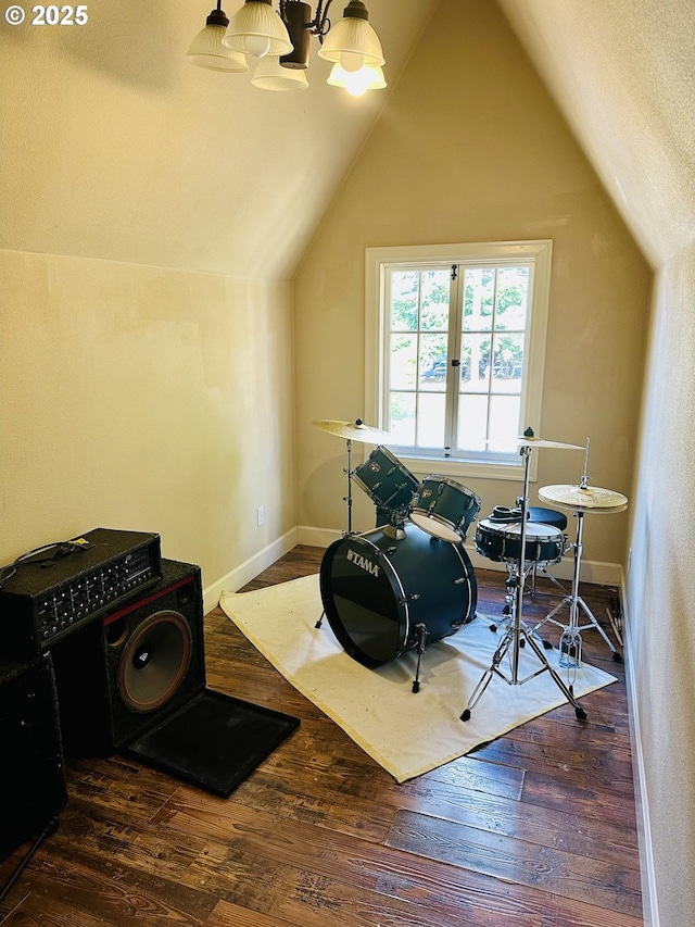 4523 NE 105th Ave, Portland, OR 97220 - recreation room with vaulted ceiling, a chandelier, and wood finished floors