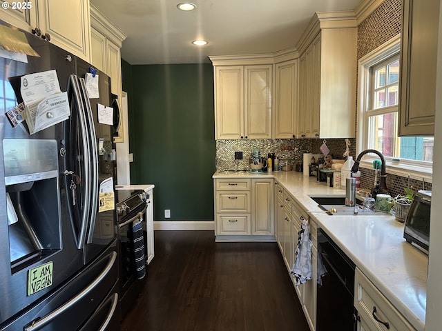 4523 NE 105th Ave, Portland, OR 97220 - kitchen featuring black appliances, backsplash, dark wood-style flooring, and recessed lighting