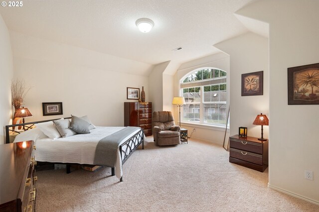 carpeted office space featuring lofted ceiling