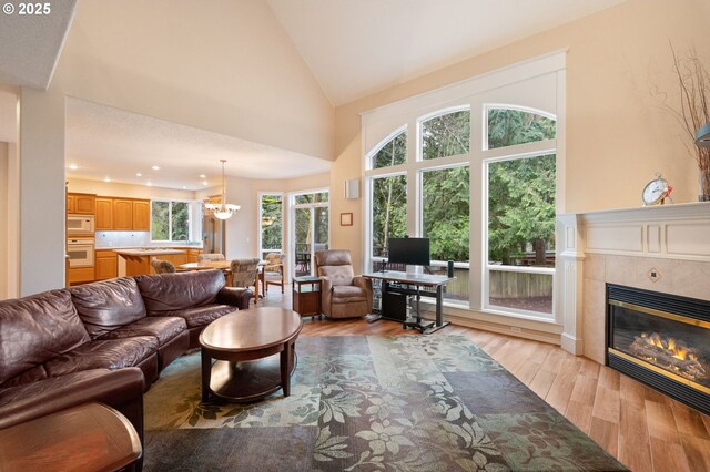 living room with a healthy amount of sunlight, high vaulted ceiling, a fireplace, and hardwood / wood-style flooring