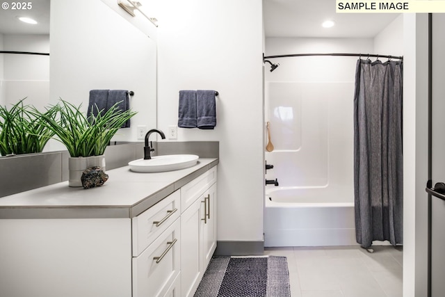 28006 NE 168th Ave, Battle Ground, WA 98604 - bathroom with tile patterned flooring, vanity, and shower / bathtub combination with curtain