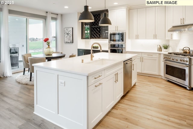 28006 NE 168th Ave, Battle Ground, WA 98604 - kitchen with light wood-style flooring, appliances with stainless steel finishes, light countertops, under cabinet range hood, and a sink