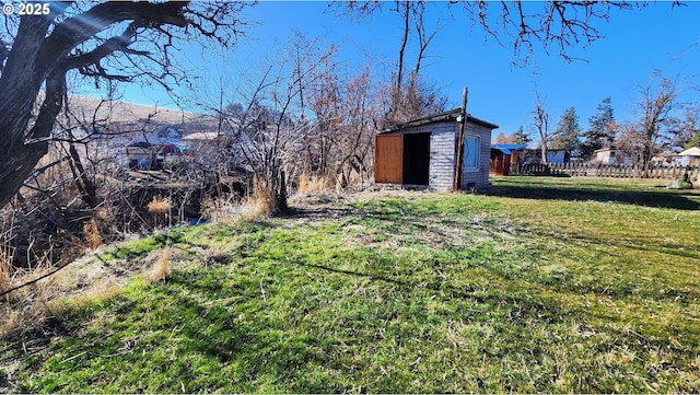 view of yard featuring a storage unit