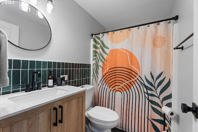 3218 SW Corbeth Ln, Troutdale, OR 97060 - bathroom with toilet, vanity, a shower with curtain, and tile walls
