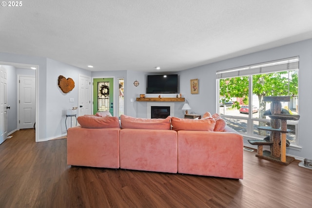 3218 SW Corbeth Ln, Troutdale, OR 97060 - living room featuring a glass covered fireplace, dark wood finished floors, baseboards, and recessed lighting