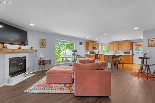 3218 SW Corbeth Ln, Troutdale, OR 97060 - living room featuring recessed lighting, wood finished floors, a fireplace, a textured ceiling, and baseboards