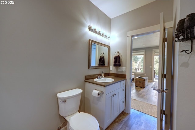 bathroom featuring toilet, wood finished floors, and vanity