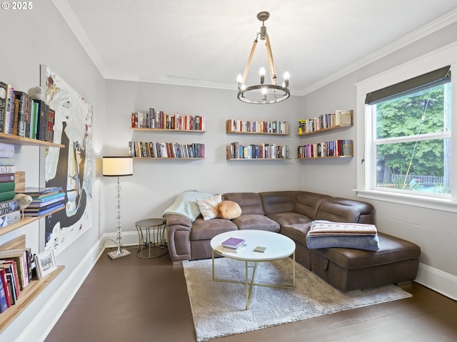 3327 4th St, Hubbard, OR 97032 - living area with a chandelier, ornamental molding, and baseboards