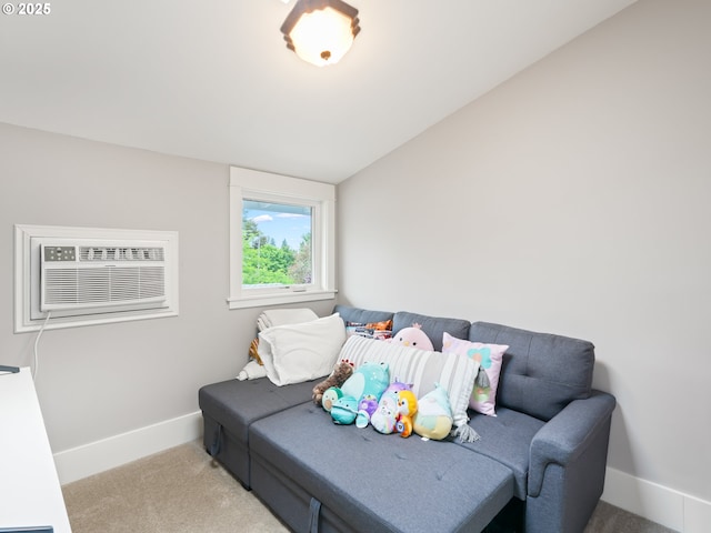 3327 4th St, Hubbard, OR 97032 - carpeted living area with baseboards, a wall mounted air conditioner, and vaulted ceiling