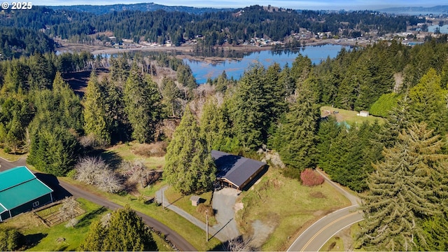 birds eye view of property featuring a water view and a forest view