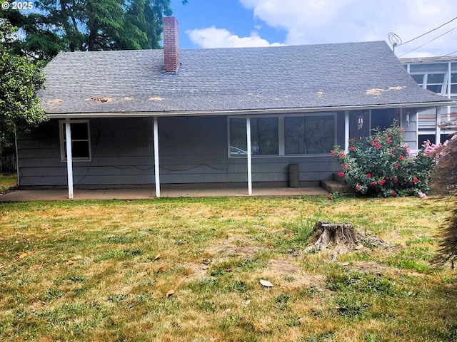 870 NE 3rd Ave, Hillsboro, OR 97124 - rear view of property with a patio, roof with shingles, a yard, and a chimney